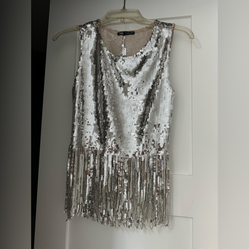Silver Sequin Fringe Top